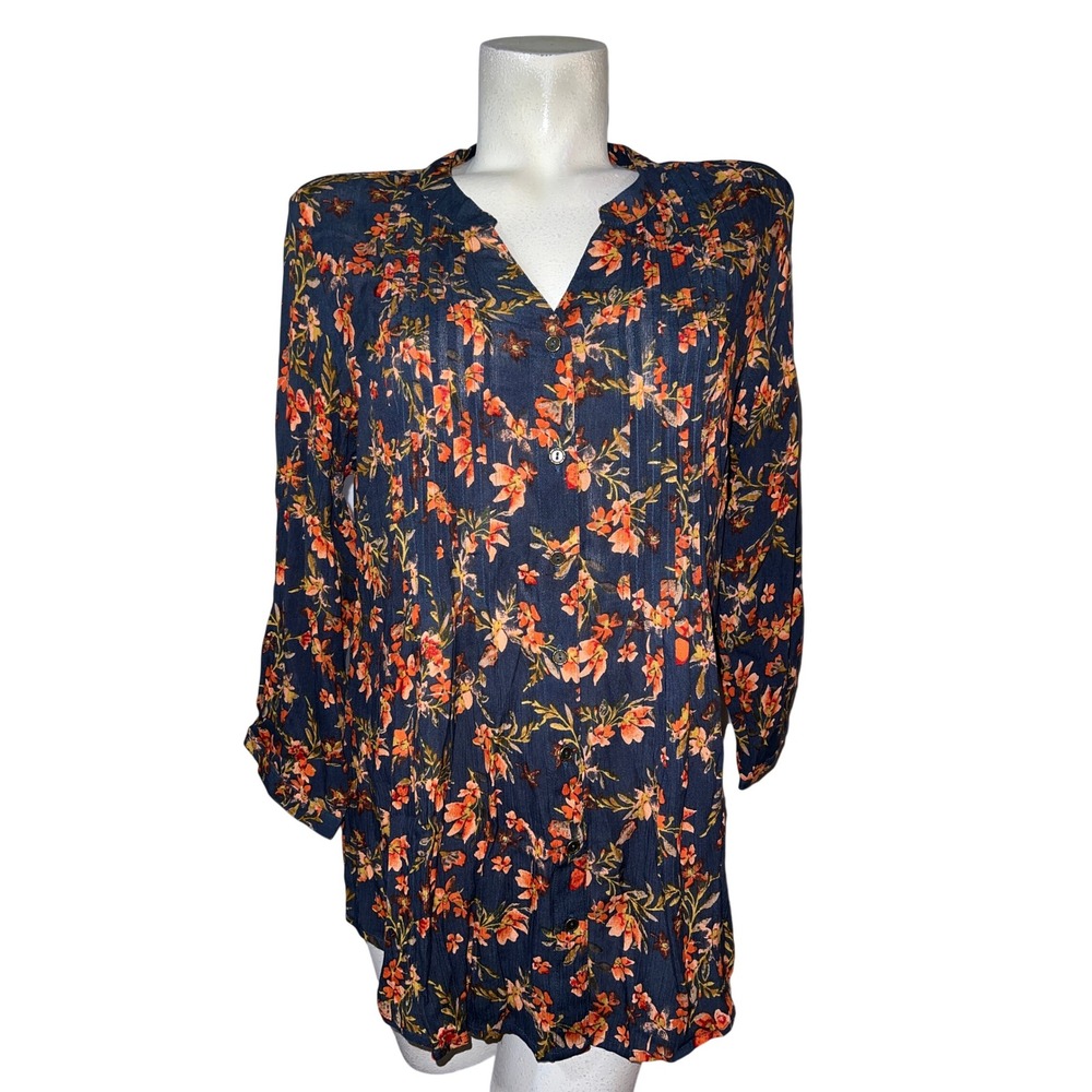 Coldwater Creek Womens Navy Blue Orange Floral Pintuck Rayon Blouse Size M